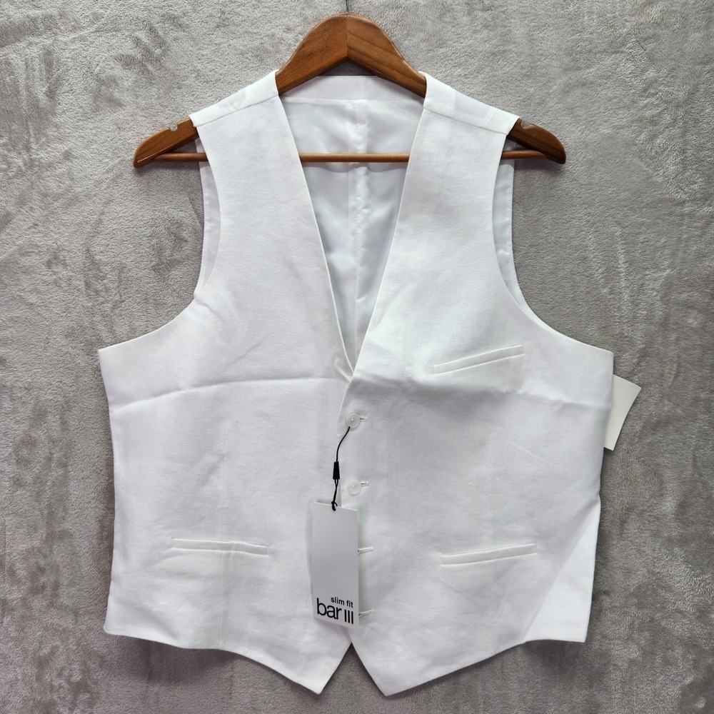 Bar III Suit Vest Mens Large White Linen Slim Fit Formal Wedding Party $115 New